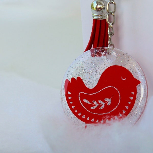 Folk Art Bird Key Chain, clear acrylic bird keychain, red blue white keytag, glitter key chain with tassel, gift for girl, gift under 10