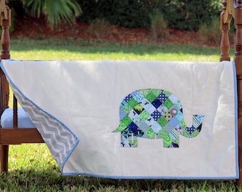 Elephant Baby Quilt - Modern Baby Quilt - Baby Boy Quilt - White Blue Green Gray Baby Blanket, Handcrafted Quilt, Home Decor Wall Hanging