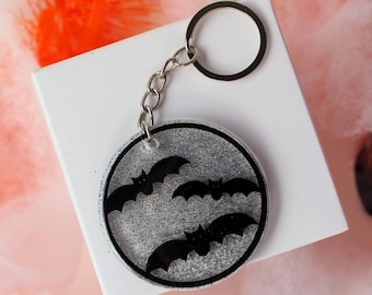 Black Bats Halloween Key Chain, round keychain with black bats and gray glitter, fun gift, gift under 10, bat bag tag, fun bat disc