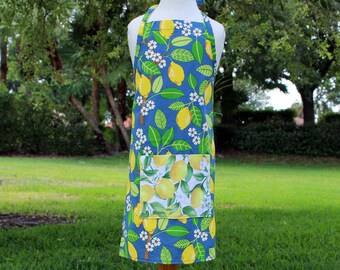 Kids Lemon Cotton Canvas Apron, blue yellow, lemon pocket, adjustable ties