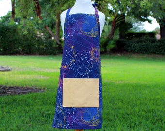 Kids Night Sky and Constellations Cotton Canvas Apron, blue white, yellow pocket, adjustable ties