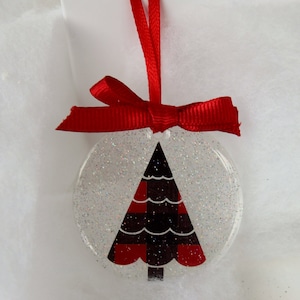 Buffalo Plaid Christmas Tree Ornament, red black check print holiday ornament, silver glitter, round ornament for tree, holiday gift