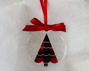 Buffalo Plaid Christmas Tree Ornament, red black check print holiday ornament, silver glitter, round ornament for tree, holiday gift