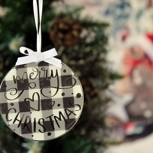 Merry Christmas black and white buffalo plaid tree ornament, round 3 ornament, black white plaid ornament, farmhouse style, holiday gift image 2