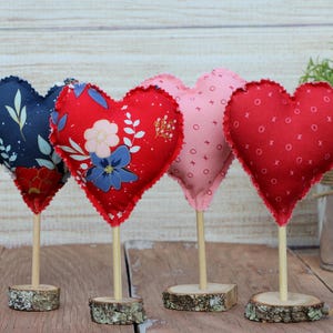 Fabric Stuffed Heart on stand, Farmhouse Fourth of July Cotton Hearts, floral heart shelf decor, vintage inspired, primitive red pink blue