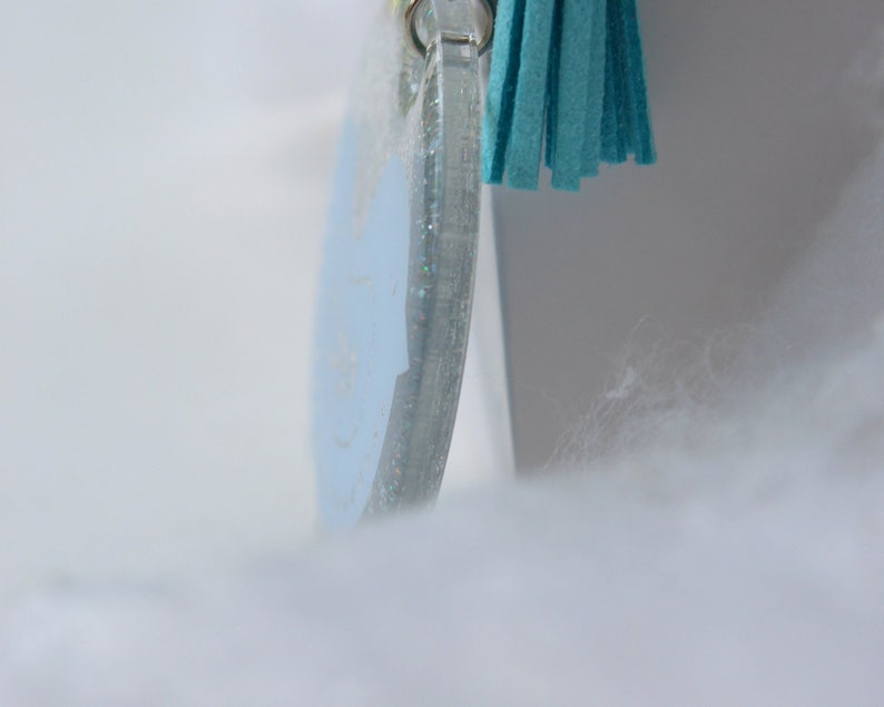 Folk Art Bird Key Chain, clear acrylic bird keychain, red blue white keytag, glitter key chain with tassel, gift for girl, gift under 10 image 10