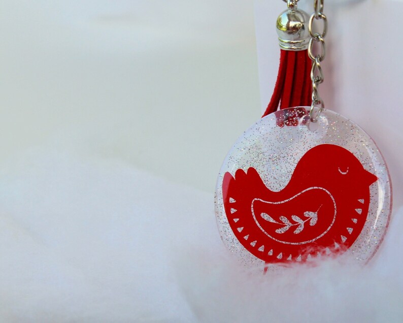 Folk Art Bird Key Chain, clear acrylic bird keychain, red blue white keytag, glitter key chain with tassel, gift for girl, gift under 10 Red