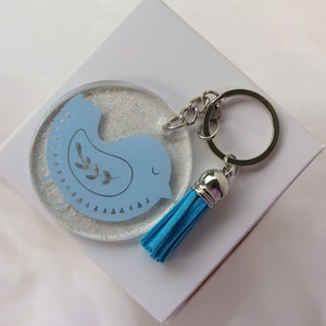Folk Art Bird Key Chain, clear acrylic bird keychain, red blue white keytag, glitter key chain with tassel, gift for girl, gift under 10 image 6
