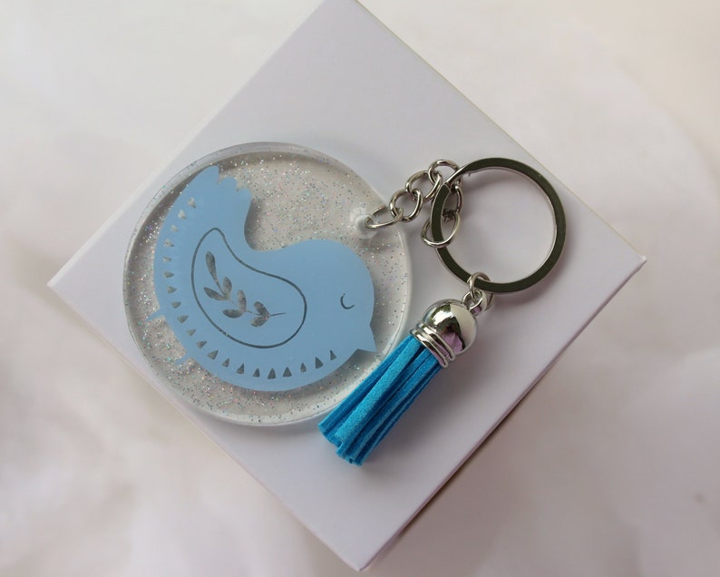 Folk Art Bird Key Chain, clear acrylic bird keychain, red blue white keytag, glitter key chain with tassel, gift for girl, gift under 10 image 6