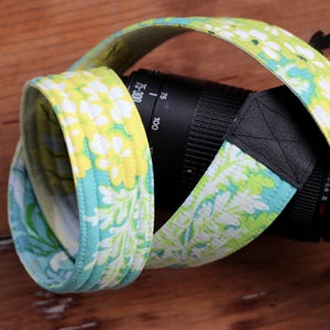 Blue Yellow Floral Camera Strap, dslr camera strap, modern camera strap, gift for her, nikon, canon, slr, gift under 30, cotton leather