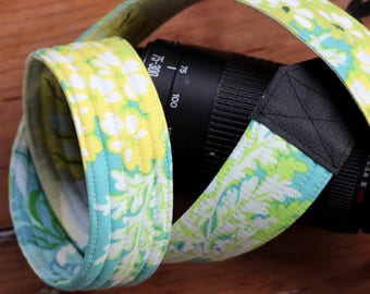Blue Yellow Floral Camera Strap, dslr camera strap, modern camera strap, gift for her, nikon, canon, slr, gift under 30, cotton leather