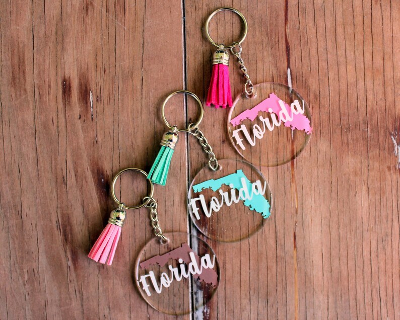 Florida key chain, Florida acrylic round key chain, resin coated, souvenir, state keychain, keychain with tassel, gift for her, personal image 4