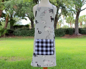 Kids Cat Theme Cotton Canvas Apron, with black white check pocket, adjustable ties