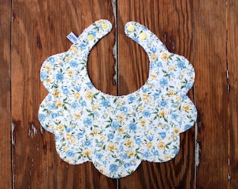 Soft Girly Yellow and Blue Scalloped Floral Cotton Bib