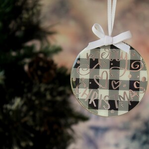 Merry Christmas black and white buffalo plaid tree ornament, round 3 ornament, black white plaid ornament, farmhouse style, holiday gift image 3