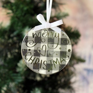 Merry Christmas black and white buffalo plaid tree ornament, round 3 ornament, black white plaid ornament, farmhouse style, holiday gift image 5