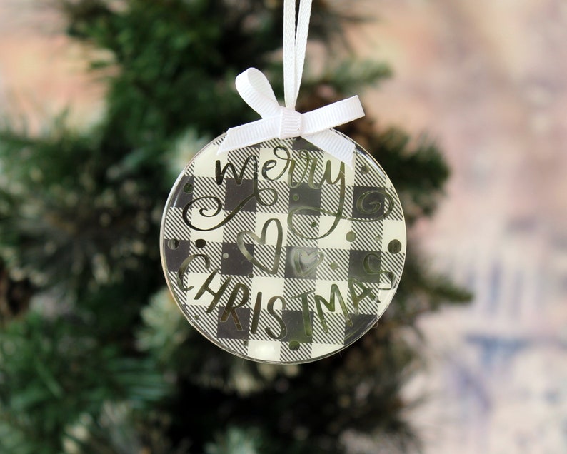 Merry Christmas black and white buffalo plaid tree ornament, round 3 ornament, black white plaid ornament, farmhouse style, holiday gift image 5