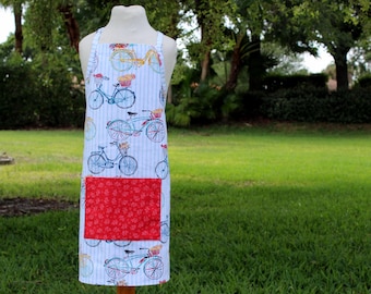 Kids Bicycle Themed Cotton Canvas Apron, blue red yellow white, red leaf print pocket, adjustable ties
