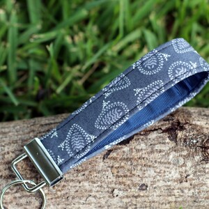 Key Fobs for him or her, choice of chambray, gray paisley, or blue brown stripes, key holder, gift for him, gift for her, fabric key fob Gray Blue Paisley