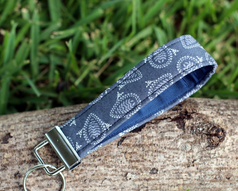 Key Fobs for him or her, choice of chambray, gray paisley, or blue brown stripes, key holder, gift for him, gift for her, fabric key fob Gray Blue Paisley