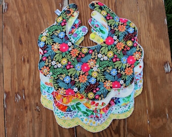 Bright Floral Scalloped Girly Baby Bib, girls decorative absorbent infant layette gift, flowery pretty bib, choice of five