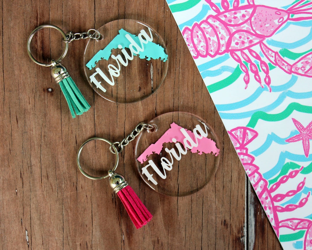 Florida Key Chain, Florida Acrylic Round Key Chain, Resin Coated