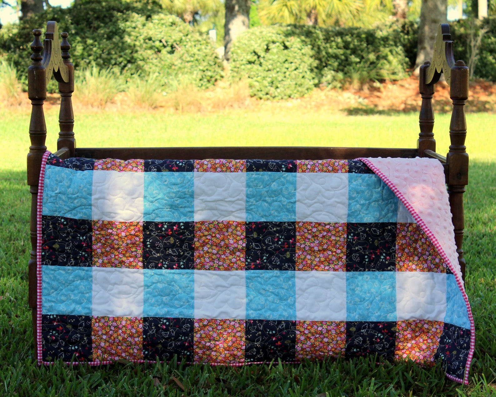 Pink Floral Baby Quilt Pink Plaid Baby Blanket Blue Floral - Etsy