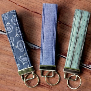 Key Fobs for him or her, choice of chambray, gray paisley, or blue brown stripes, key holder, gift for him, gift for her, fabric key fob image 4