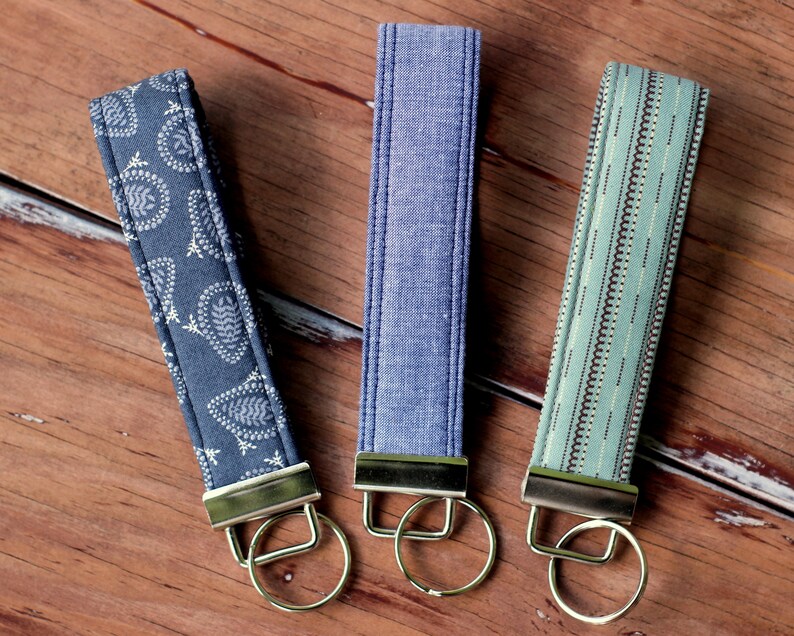 Key Fobs for him or her, choice of chambray, gray paisley, or blue brown stripes, key holder, gift for him, gift for her, fabric key fob image 4