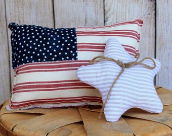 Vintage Style American Flag Pillow, Cottage Chic Farmhouse Decor, Fourth of July Shelf Decoration, medium sized