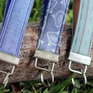 Key Fobs for him or her, choice of chambray, gray paisley, or blue brown stripes, key holder, gift for him, gift for her, fabric key fob image 2