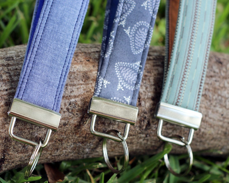 Key Fobs for him or her, choice of chambray, gray paisley, or blue brown stripes, key holder, gift for him, gift for her, fabric key fob image 2