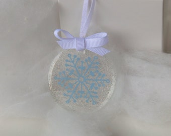 Blue Snowflake Christmas tree ornament, robins egg blue clear ornament with silver glitter, 2" round ornament, holiday gift stocking stuffer