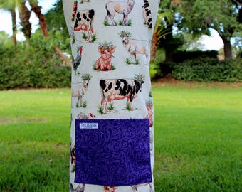Kids Farm Theme Canvas Apron, with purple pocket, vintage inspired apron for girls