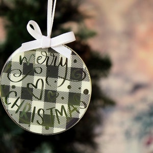 Merry Christmas black and white buffalo plaid tree ornament, round 3 ornament, black white plaid ornament, farmhouse style, holiday gift image 7