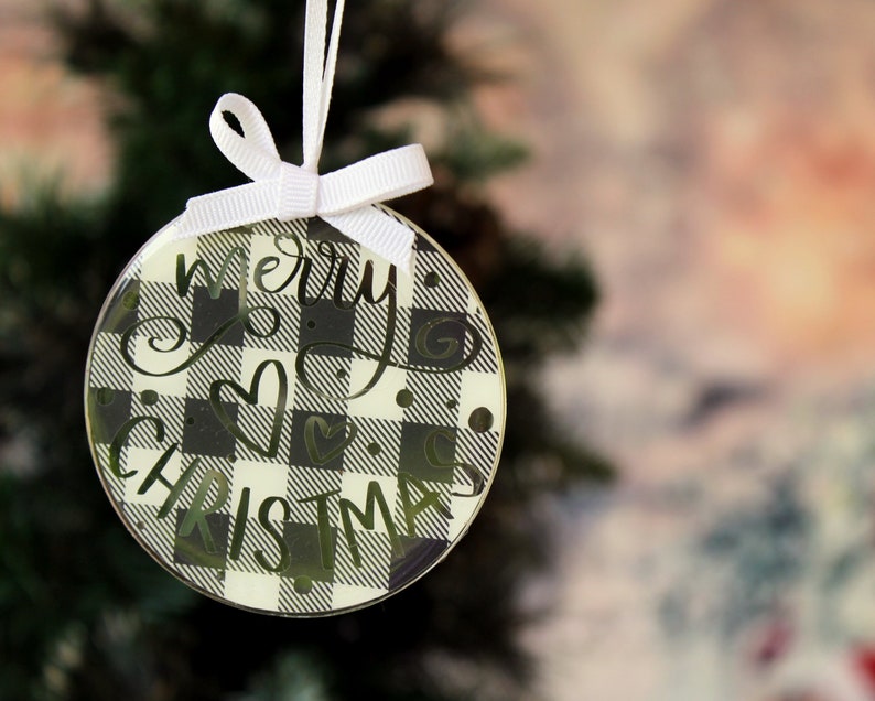 Merry Christmas black and white buffalo plaid tree ornament, round 3 ornament, black white plaid ornament, farmhouse style, holiday gift image 7