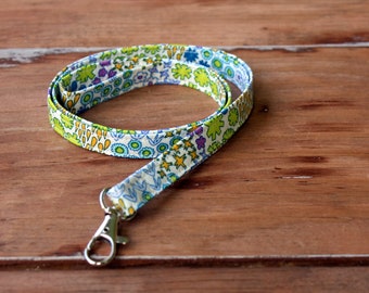 Lanyard, floral cotton lanyard, badge id holder for her, gift for her, teacher appreciation gift, key holder, white green purple blue flower