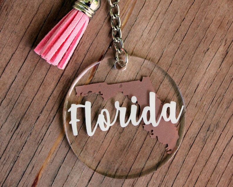 Florida key chain, Florida acrylic round key chain, resin coated, souvenir, state keychain, keychain with tassel, gift for her, personal image 9
