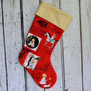 Calcetín de Navidad de algodón grande de inspiración vintage, calcetín rojo y dorado, calcetín de vacaciones hecho a mano, calcetín para niño