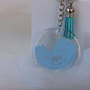 Folk Art Bird Key Chain, clear acrylic bird keychain, red blue white keytag, glitter key chain with tassel, gift for girl, gift under 10 image 9