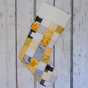 Christmas Patchwork Stocking, Gold gray white black Christmas stocking, quilted stocking with cuff, unique holiday gift, handcrafted