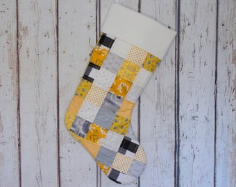 Christmas Patchwork Stocking, Gold gray white black Christmas stocking, quilted stocking with cuff, unique holiday gift, handcrafted
