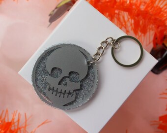 Gray Skull Halloween Key Chain, Skull acrylic 2" keychain with gray glitter, Halloween gift