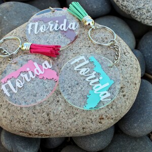 Florida key chain, Florida acrylic round key chain, resin coated, souvenir, state keychain, keychain with tassel, gift for her, personal image 2