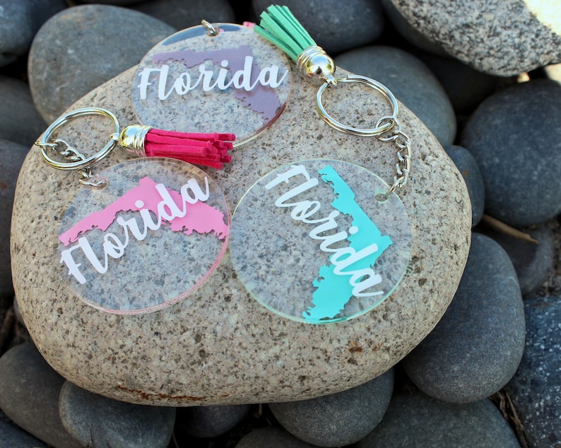 Florida key chain, Florida acrylic round key chain, resin coated, souvenir, state keychain, keychain with tassel, gift for her, personal image 2