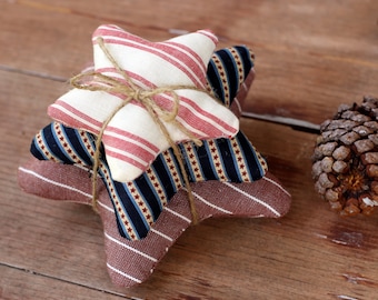 Fabric Stars, set of 3 vintage look handcrafted cotton stuffed stars for Independence Day table shelf decor, red cream blue 4th of July