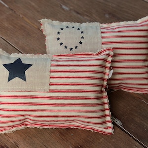 May include: Two decorative pillows with a red, white, and blue American flag design. One pillow features a single star and the other features a circle of stars.