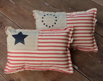 Farmhouse American Flag pillow, patriotic stuffed vintage style small 4th of July decor, red white blue, cottage chic Independence Day, star