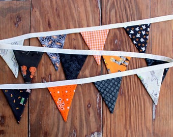 Halloween Mini Flag cotton fabric Bunting, orange black silver, shelf decor, home decorations