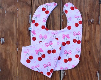 Valentine's Day Pink hearts bows and cherries baby bib, feeding and bandana drool, terrycloth back, snap closure